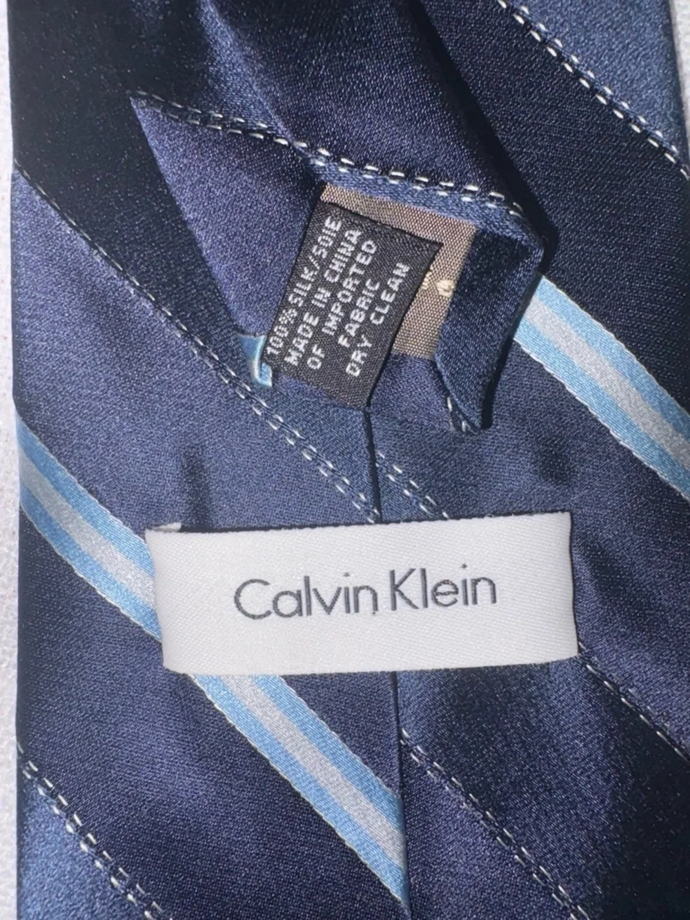 Calvin Klein Designer 100% Silk Navy Blue Striped Tie